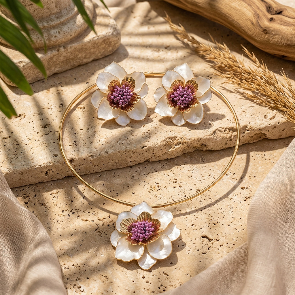 SET FLEUR DE SOIE™ · Collar Rígido + Aretes Flor · Baño Oro 18K