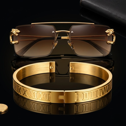 SET PANTHERA EMPIRE™ · Gafas Pantera Gold Rimless + Brazalete Romano Oro Laminado · Hombre