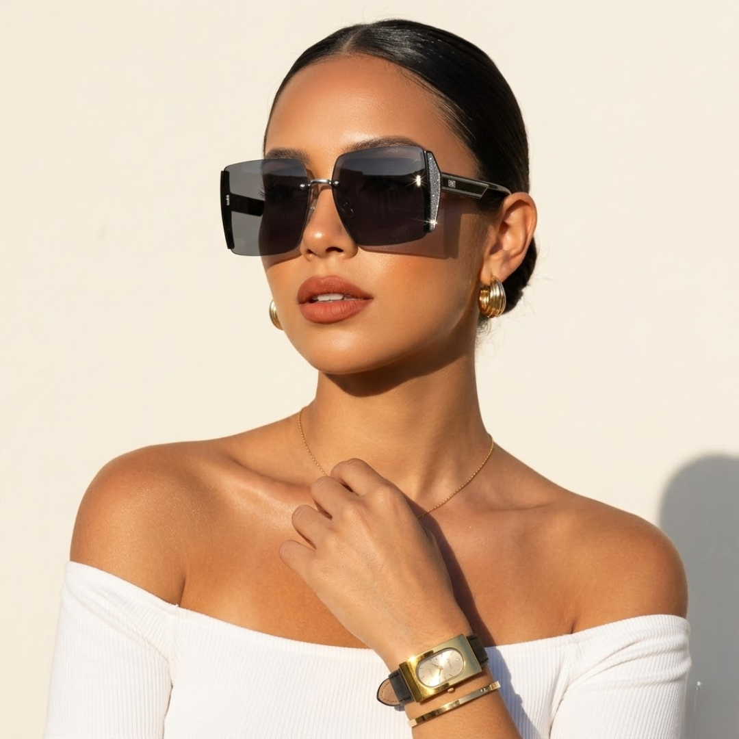SET NOIR ÉCLAT™ · Reloj Gold Rectangular + Gafas Square Glitter · Mujer