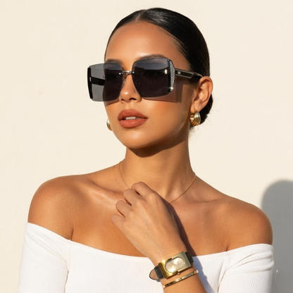 SET NOIR ÉCLAT™ · Reloj Gold Rectangular + Gafas Square Glitter · Mujer