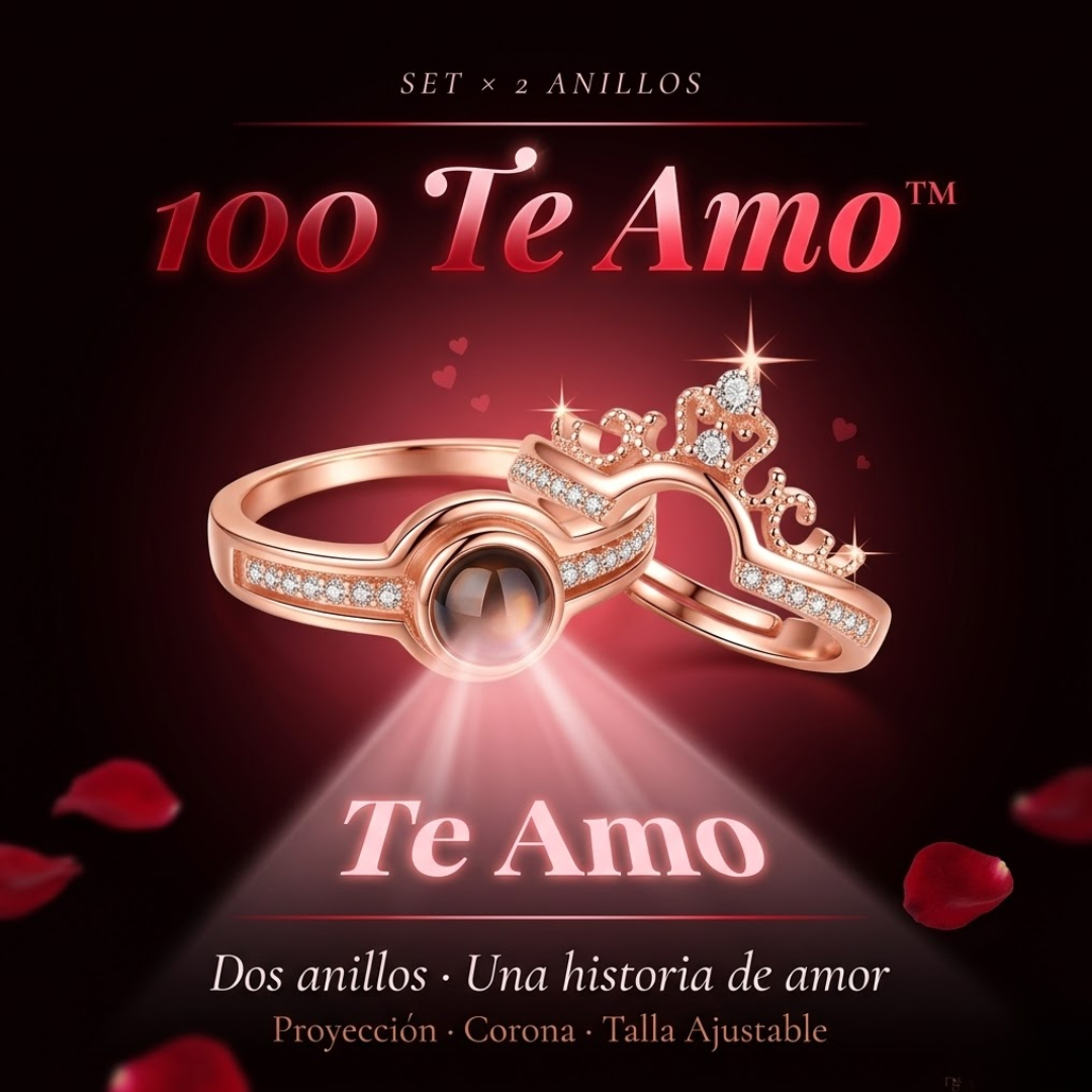 SET x2 ANILLOS 100 TE AMO™ — Proyección + Corona | Ajustable | Caja Regalo