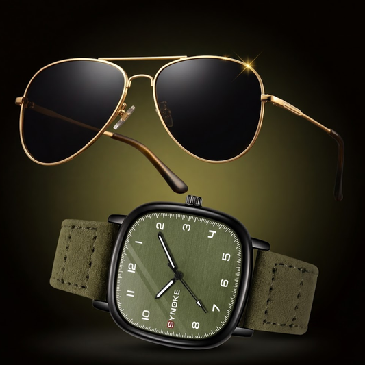 SET MAVERICK COMMAND™ · Gafas Aviador Gold + Reloj Táctico Verde Militar