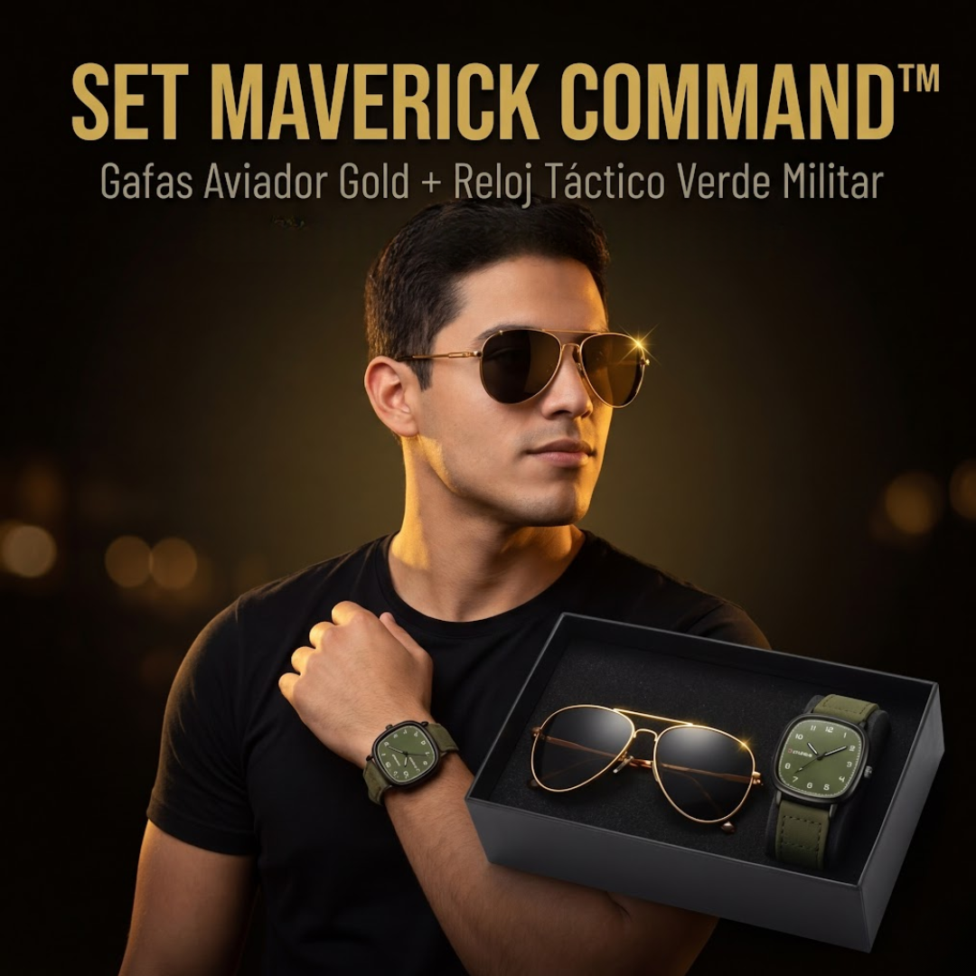 SET MAVERICK COMMAND™ · Gafas Aviador Gold + Reloj Táctico Verde Militar