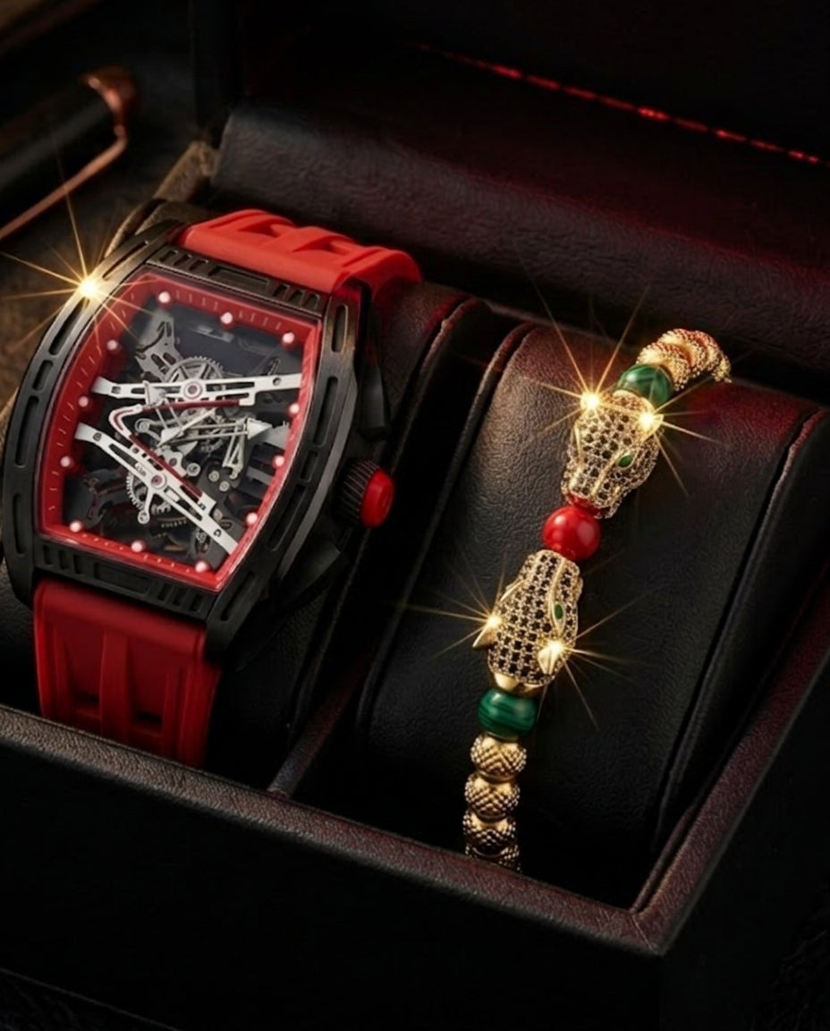 SET IL CAPO · Reloj Skeleton + Brazalete Jaguar Dorado · Set Hombre