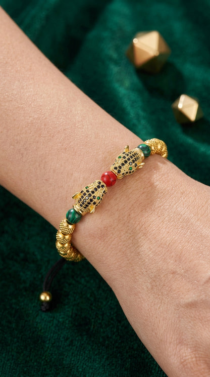BRAZALETE TIGRE DE BALI™ · Doble Tigre Dorado con Malaquita