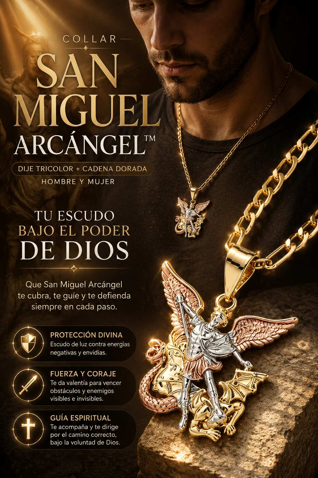COLLAR SAN MIGUEL ARCÁNGEL™ · Acero Inoxidable y Rodio + Cadena Dorada ·