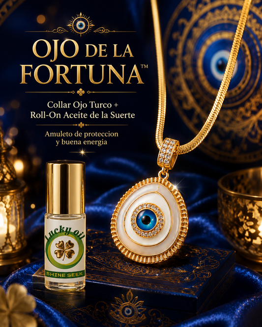 SET OJO DE LA FORTUNA™ · Collar Ojo Turco + Roll-On Aceite de la Suerte · Amuleto Protección Buena Energía