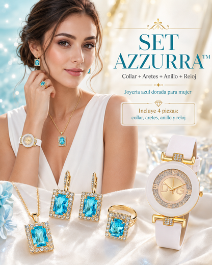 SET AZZURRA™ · Collar + Aretes + Anillo + Reloj · Joyería Azul Dorada Mujer