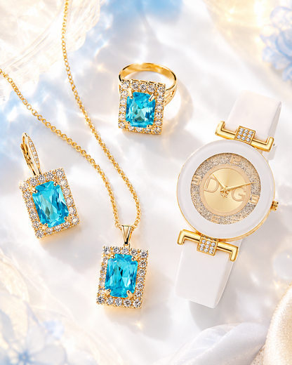 SET AZZURRA™ · Collar + Aretes + Anillo + Reloj · Joyería Azul Dorada Mujer