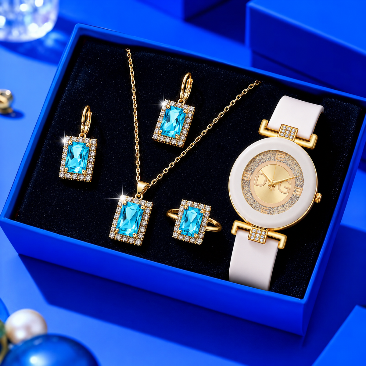 SET AZZURRA™ · Collar + Aretes + Anillo + Reloj · Joyería Azul Dorada Mujer