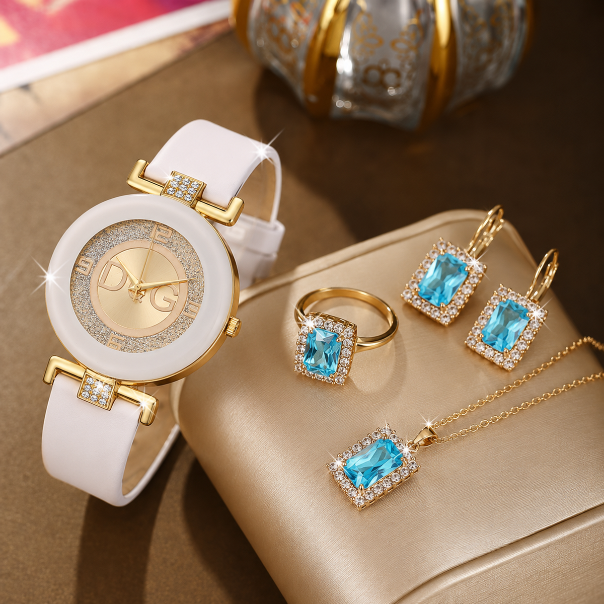 SET AZZURRA™ · Collar + Aretes + Anillo + Reloj · Joyería Azul Dorada Mujer