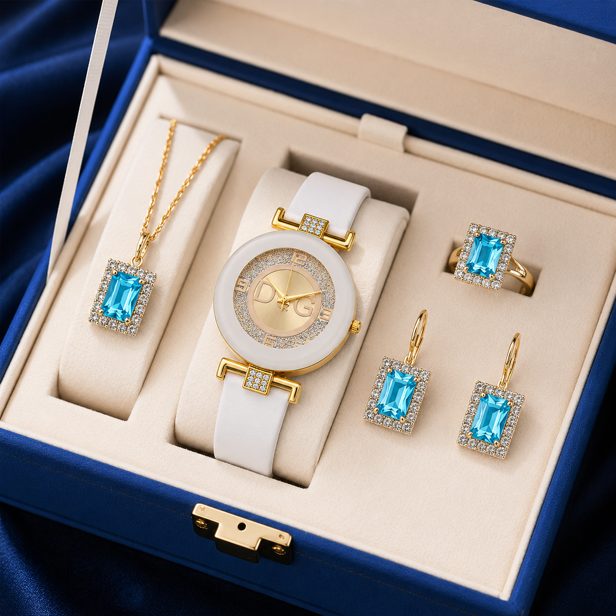 SET AZZURRA™ · Collar + Aretes + Anillo + Reloj · Joyería Azul Dorada Mujer