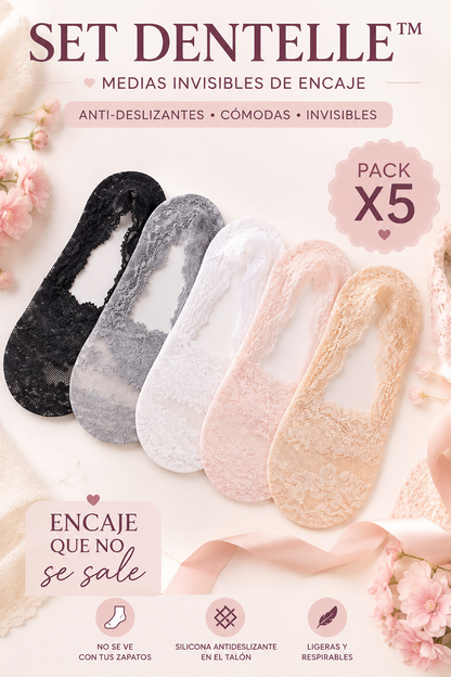 SET DENTELLE™ · Pack x5 Medias Invisibles de Encaje Antideslizantes · Mujer