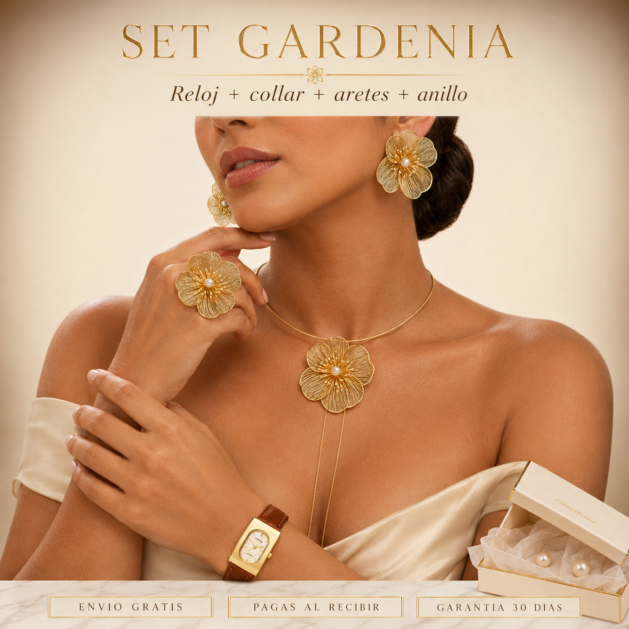 SET GARDENIA™ Reloj Dorado + Collar, Aretes y Anillo de Flor · Mujer