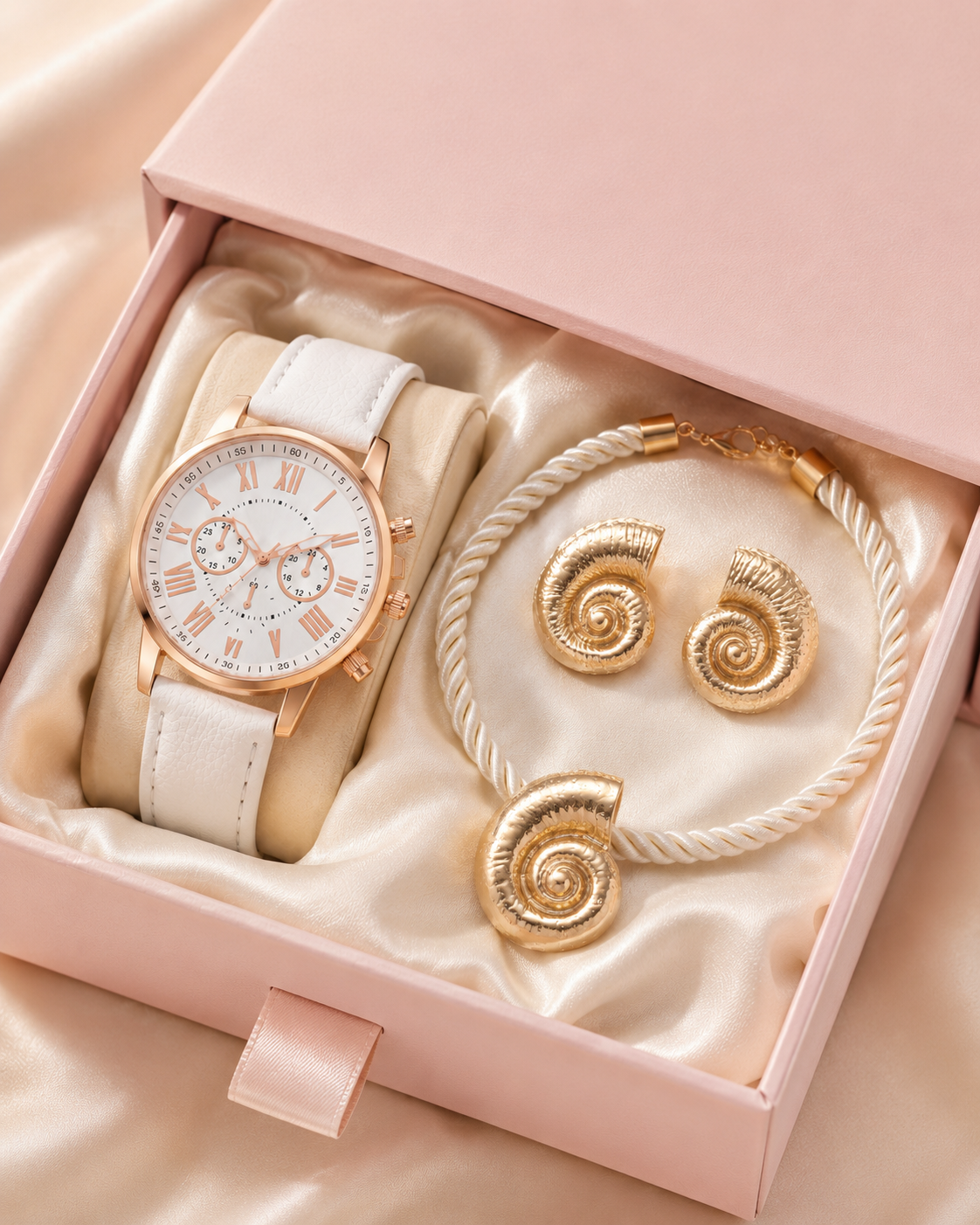 SET NAUTILUS™ · Collar + Aretes Caracol Dorado + Reloj · Set 3 Piezas Mujer