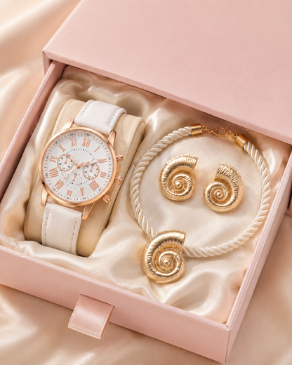 SET NAUTILUS™ · Collar + Aretes Caracol Dorado + Reloj · Set 3 Piezas Mujer