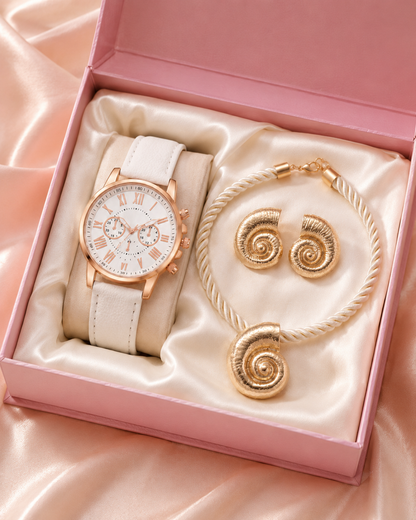 SET NAUTILUS™ · Collar + Aretes Caracol Dorado + Reloj · Set 3 Piezas Mujer