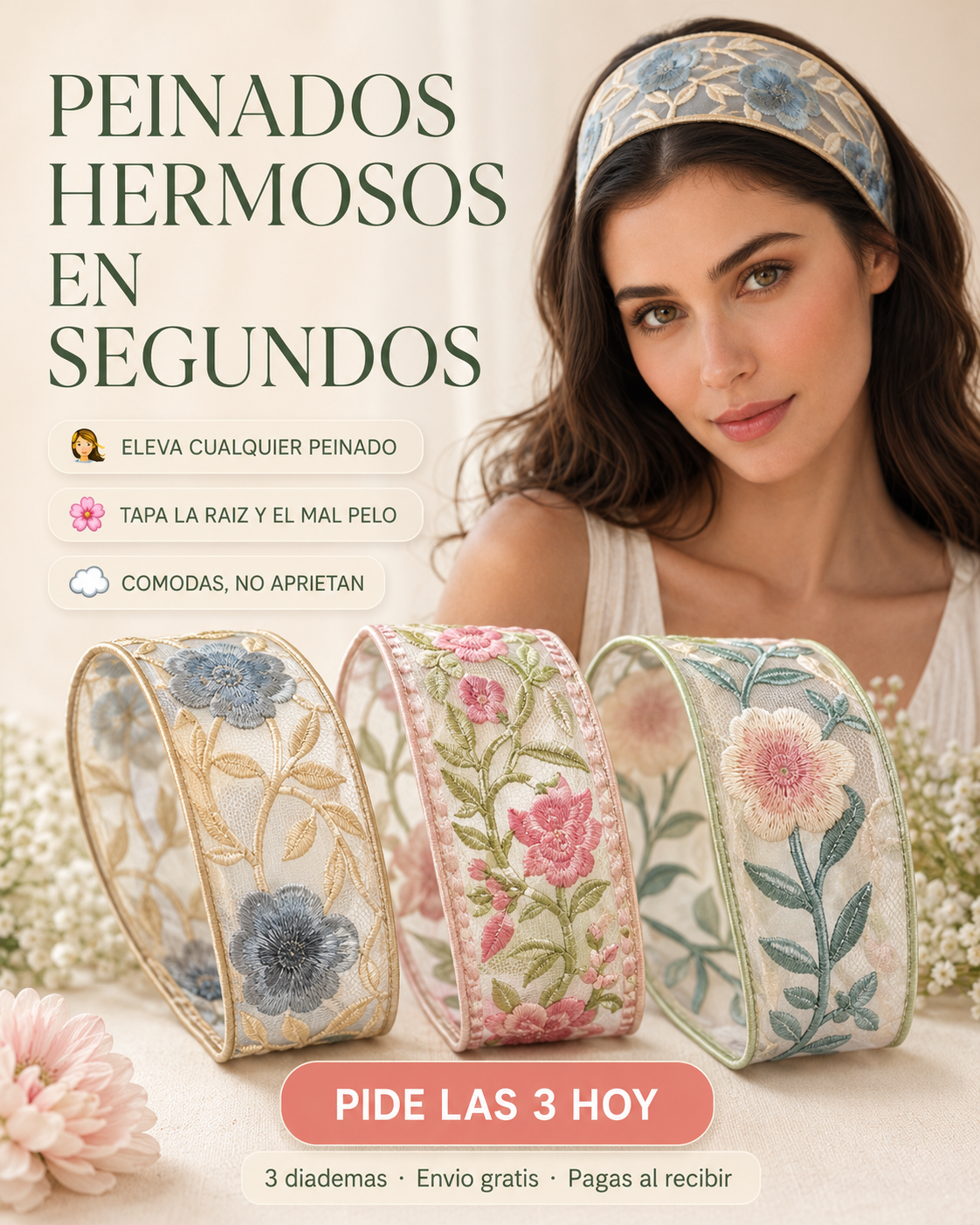 SET FLORÉ™ · Pack x3 Diademas Encaje Bordado Floral · Vinchas Mujer Elegantes