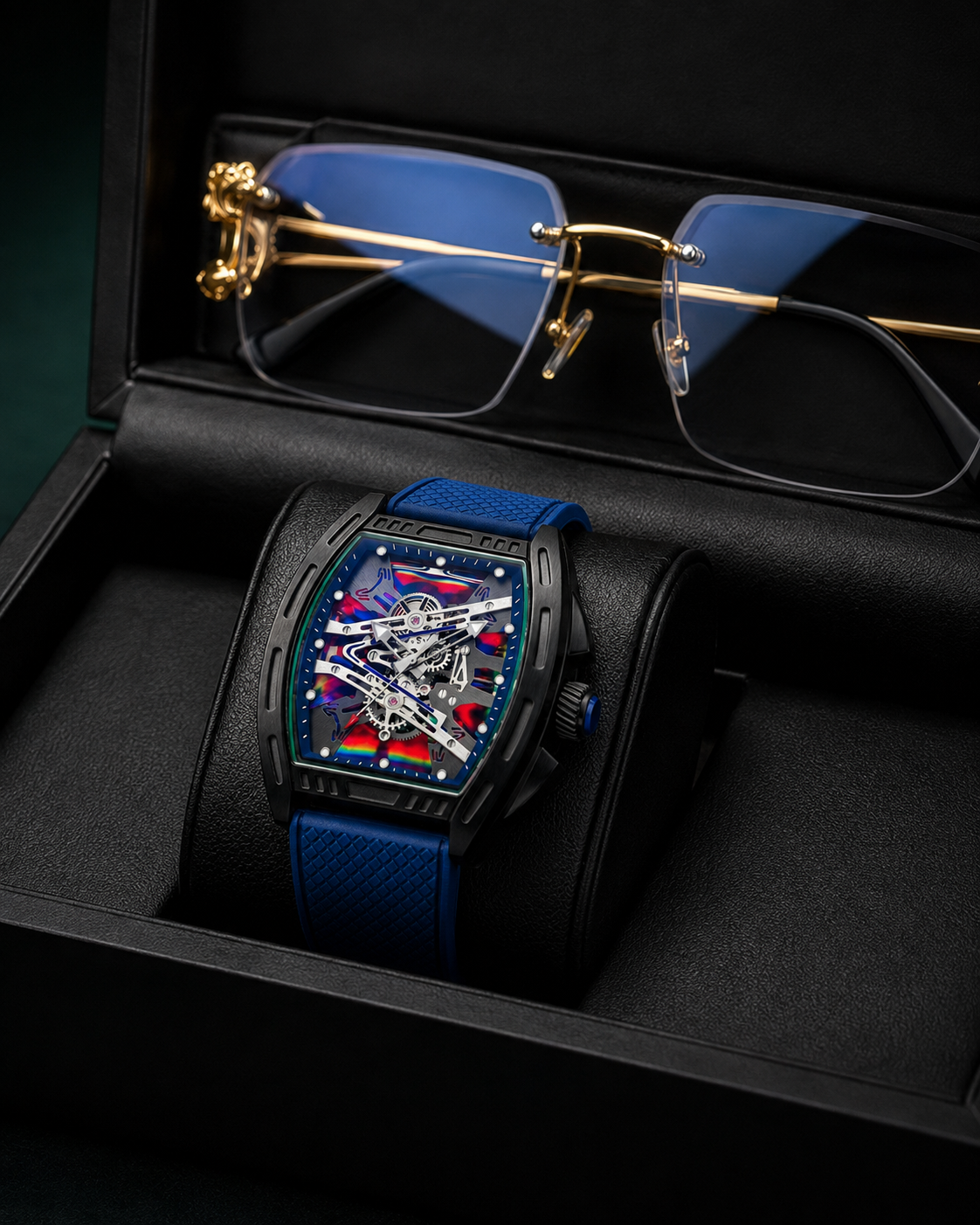 SET MAGNATE™ · Reloj Skeleton + Gafas de Tigre Doradas · Set Premium Hombre