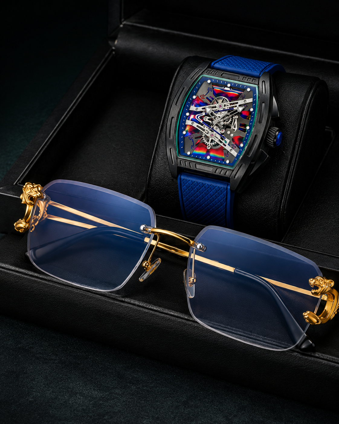 SET MAGNATE™ · Reloj Skeleton + Gafas de Tigre Doradas · Set Premium Hombre