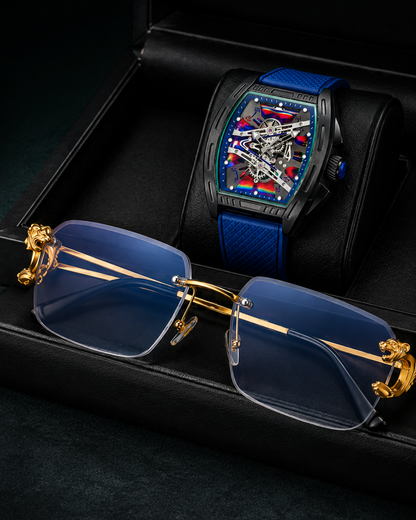 SET MAGNATE™ · Reloj Skeleton + Gafas de Tigre Doradas · Set Premium Hombre