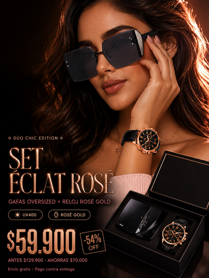 SET ÉCLAT ROSÉ™ · Gafas Oversized + Reloj Rosé Gold · Dúo Chic Mujer