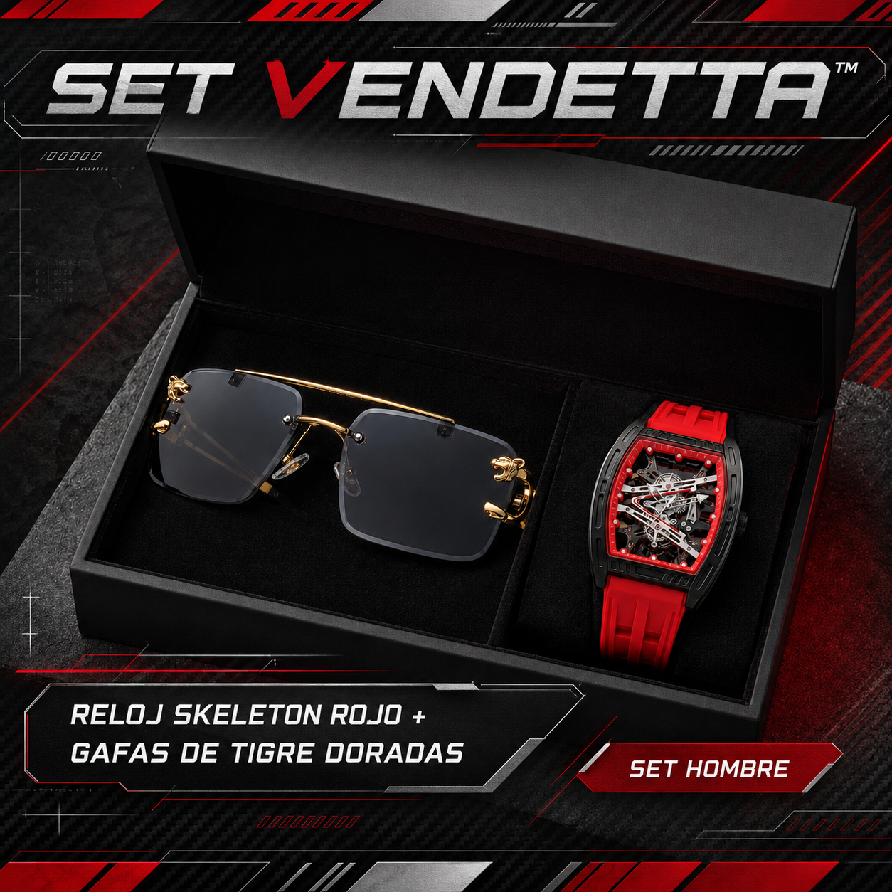 SET VENDETTA™ · Reloj Skeleton Rojo + Gafas de Tigre Doradas · Set Hombre