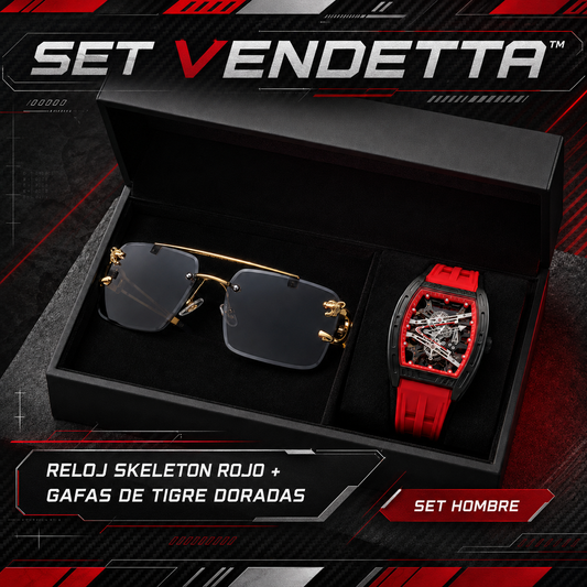 SET VENDETTA™ · Reloj Skeleton Rojo + Gafas de Tigre Doradas · Set Hombre