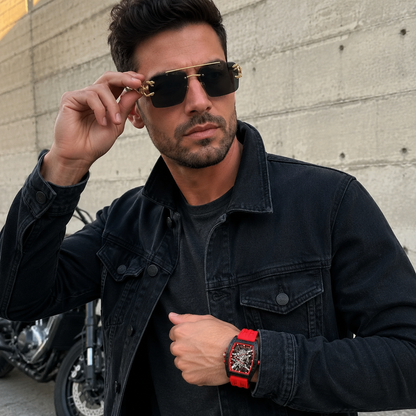 SET VENDETTA™ · Reloj Skeleton Rojo + Gafas de Tigre Doradas · Set Hombre
