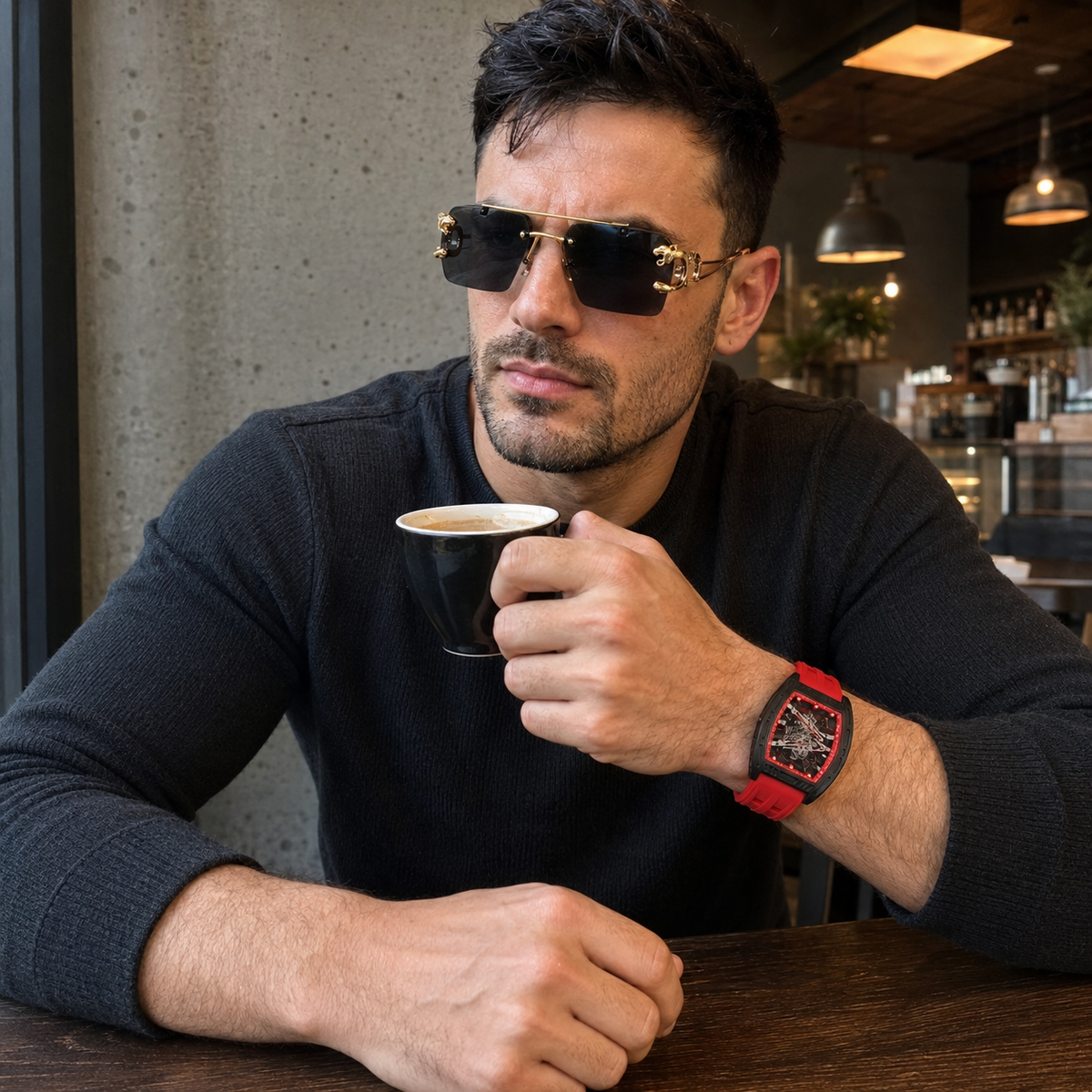 SET VENDETTA™ · Reloj Skeleton Rojo + Gafas de Tigre Doradas · Set Hombre