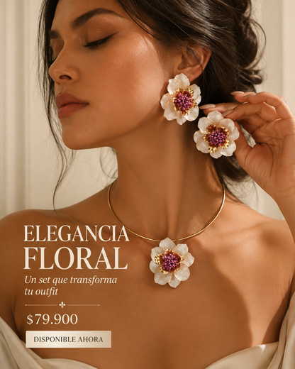 SET FLEUR DE SOIE™ · Collar Rígido + Aretes Flor ·