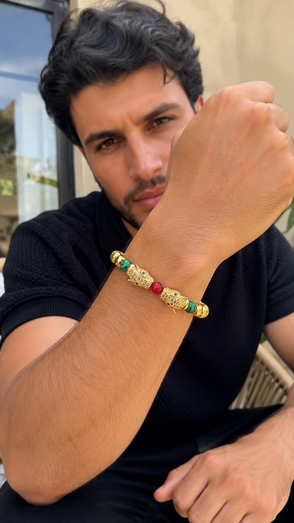 BRAZALETE TIGRE DE BALI™ · Doble Tigre Dorado con Malaquita