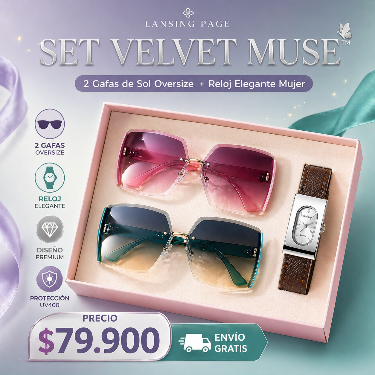 SET VELVET MUSE™ · 2 Gafas de Sol Oversize + Reloj Elegante Mujer | Envío Gratis