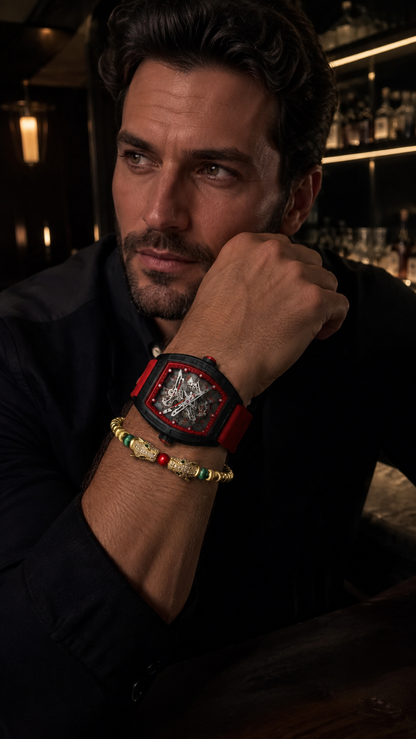 SET IL CAPO · Reloj Skeleton + Brazalete Jaguar Dorado · Set Hombre