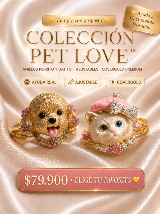 COLECCIÓN PET LOVE™ · Anillos Ajustables Perrito & Gatito · CoverGold + Circonias