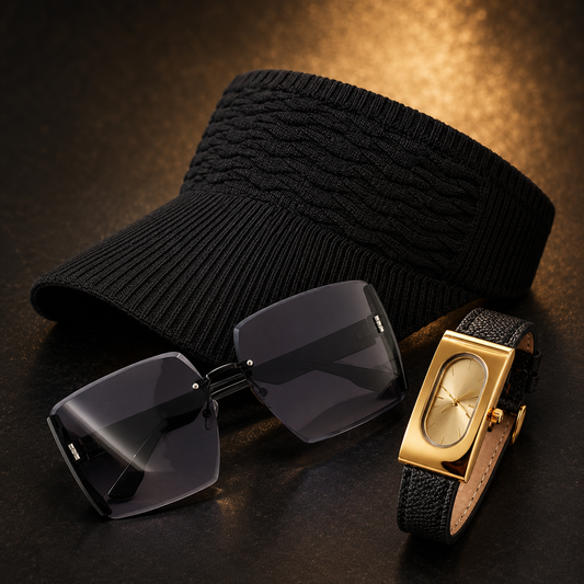 SET SOLEIL NOIR™ · Visera + Gafas Oversized + Reloj Dorado · Trío Chic Mujer