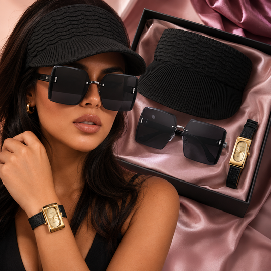 SET SOLEIL NOIR™ · Visera + Gafas Oversized + Reloj Dorado · Trío Chic Mujer