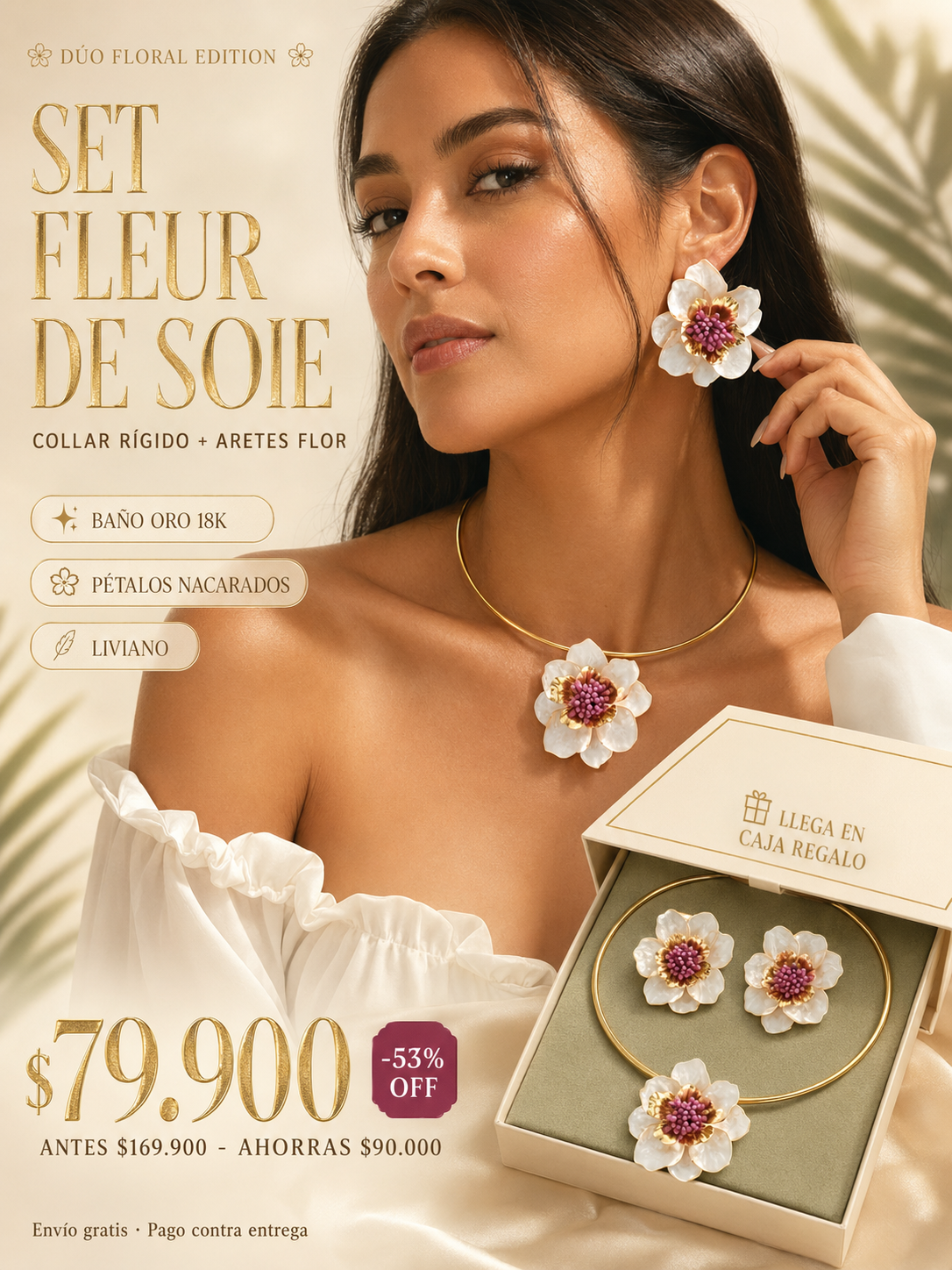 SET FLEUR DE SOIE™ · Collar Rígido + Aretes Flor · Baño Oro 18K