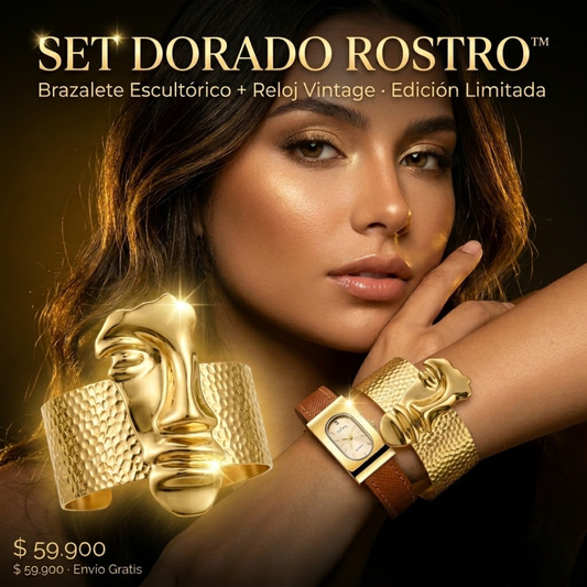 SET DORADO ROSTRO™ — Brazalete Escultórico + Reloj Vintage