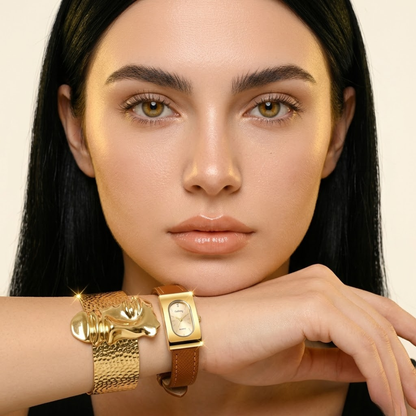 SET DORADO ROSTRO™ — Brazalete Escultórico + Reloj Vintage