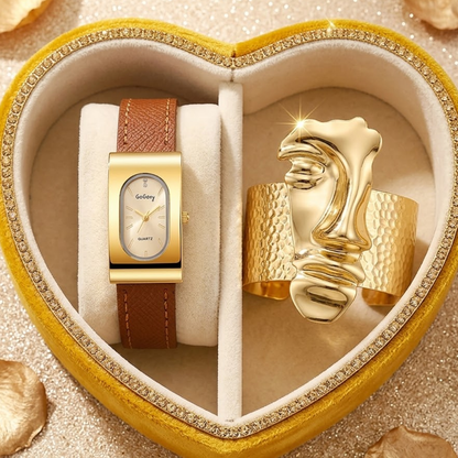 SET DORADO ROSTRO™ — Brazalete Escultórico + Reloj Vintage
