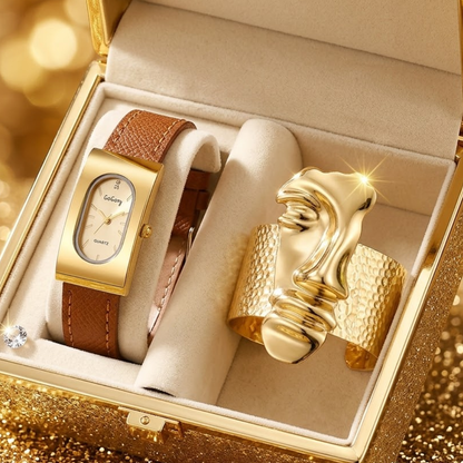 SET DORADO ROSTRO™ — Brazalete Escultórico + Reloj Vintage