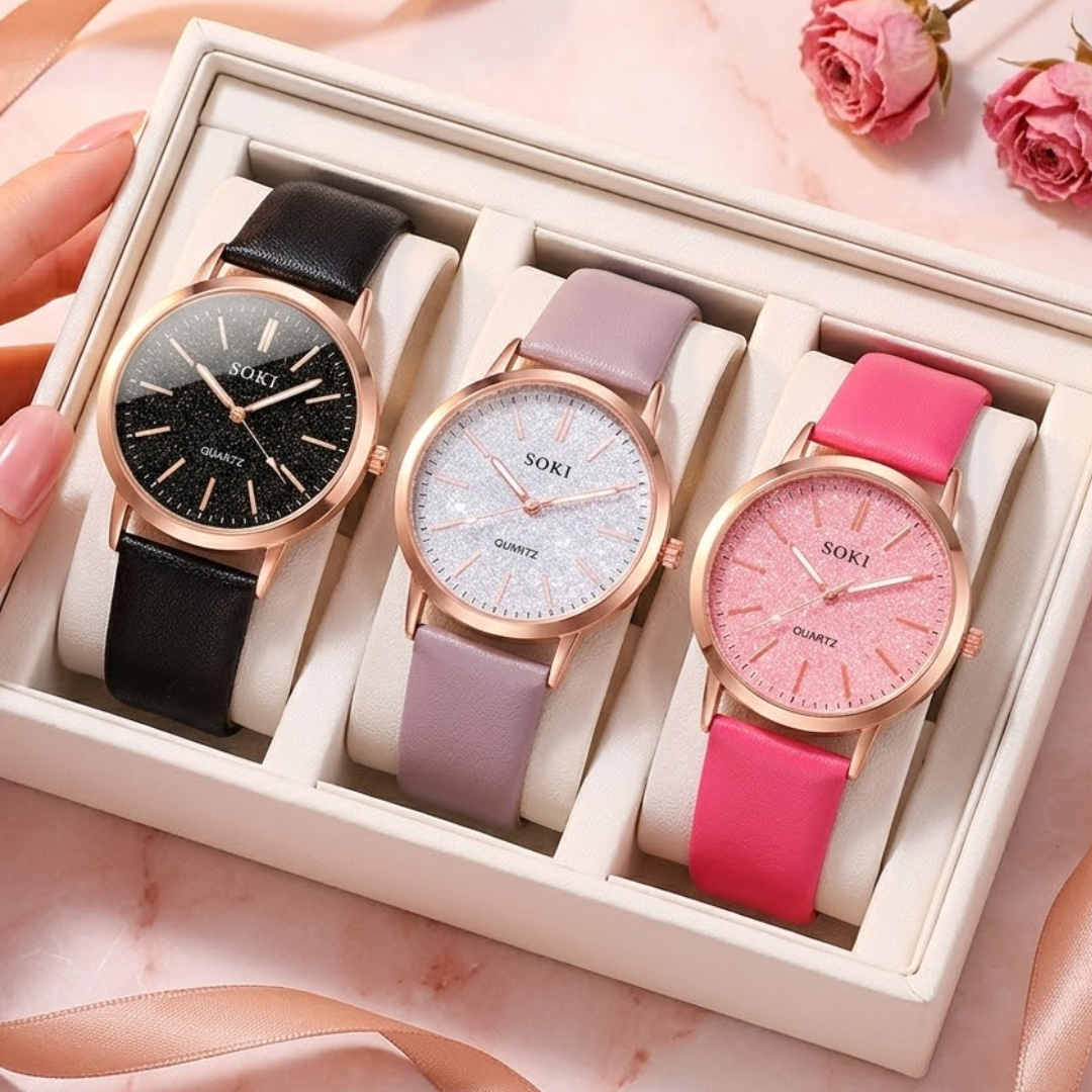 SET LUMINA LUXE™x3 Relojes Mujer · Cuarzo · Acabado Rose Gold · Esfera Glitter