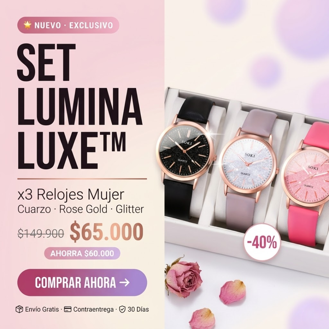 SET LUMINA LUXE™x3 Relojes Mujer · Cuarzo · Acabado Rose Gold · Esfera Glitter