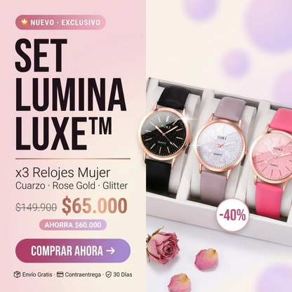 SET LUMINA LUXE™x3 Relojes Mujer · Cuarzo · Acabado Rose Gold · Esfera Glitter