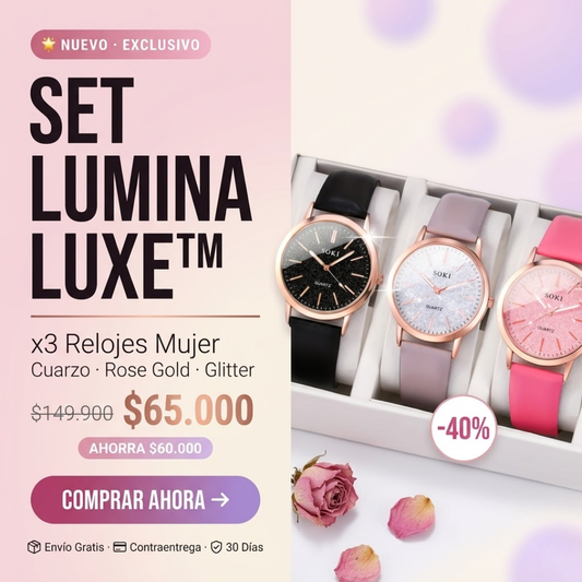 SET LUMINA LUXE™x3 Relojes Mujer · Cuarzo · Acabado Rose Gold · Esfera Glitter