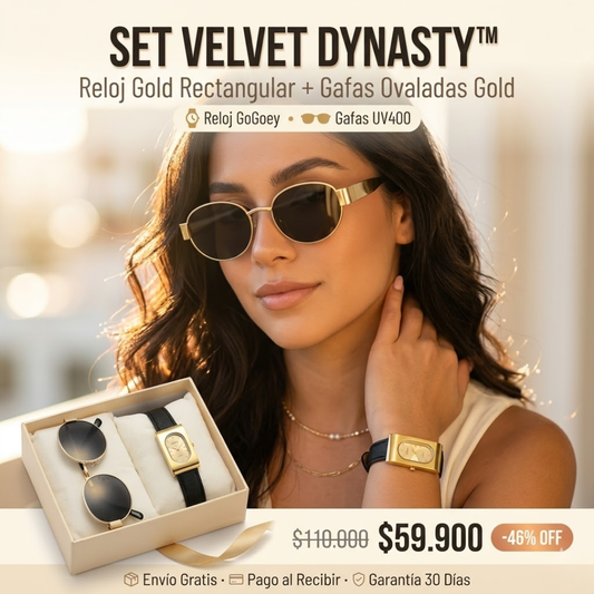 SET VELVET DYNASTY™ · Reloj Gold Rectangular + Gafas Ovaladas Gold · Mujer