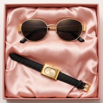 SET VELVET DYNASTY™ · Reloj Gold Rectangular + Gafas Ovaladas Gold · Mujer