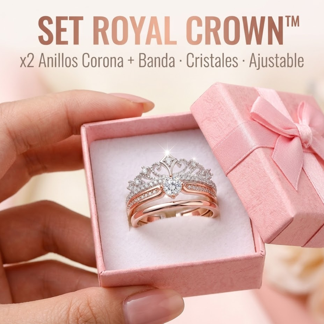 SET ROYAL CROWN™ · x2 Anillos Corona + Banda · Cristales · Ajustable · Mujer
