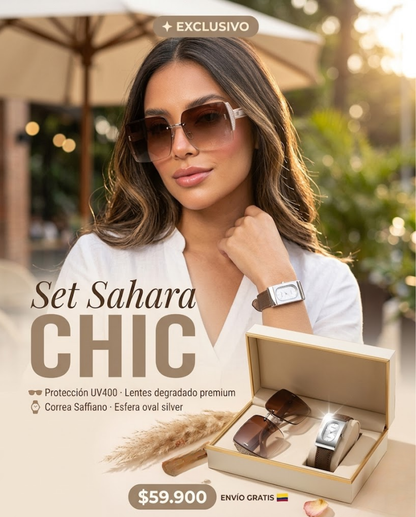 Set Sahara Chic — Gafas Oversize Degradado + Reloj Elegante Saffiano